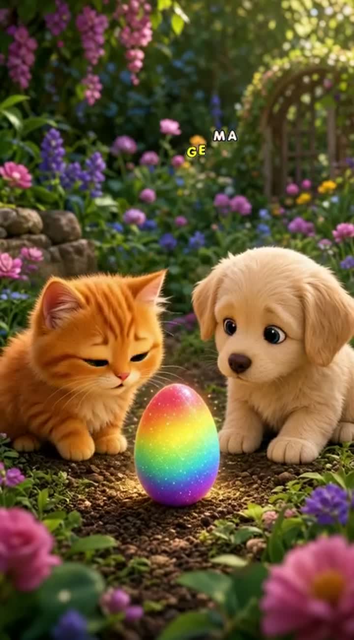 A cute, fluffy orange kitten with big sparkling eyes and a playful… — AI cartoon
