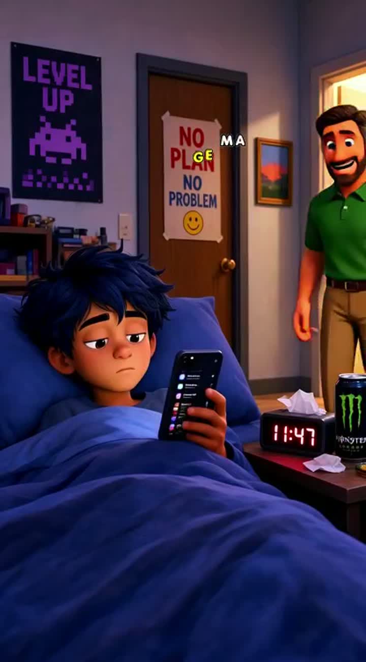 A kid nick who does not but bed rotting his dad tells him to do… — AI cartoon