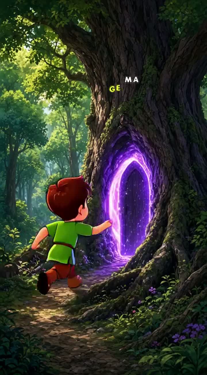 A young boy discovers a mysterious glowing door hidden behind… — AI cartoon
