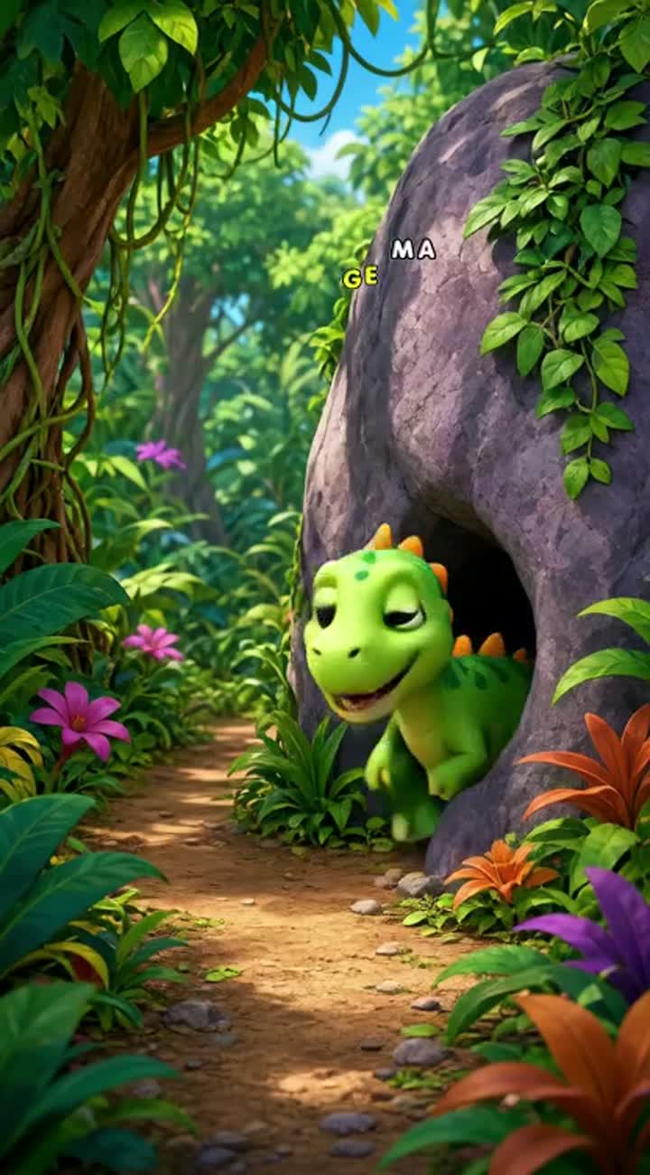 A cute baby dinosaur playing hide and seek in a colorful jungle… — AI cartoon