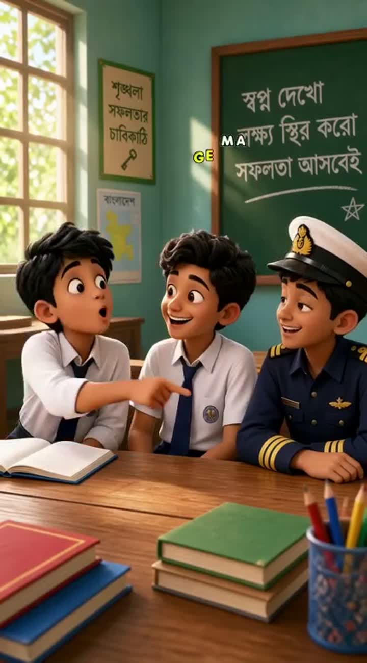 Three Bangladeshi school friends bragging in classroom… — AI cartoon
