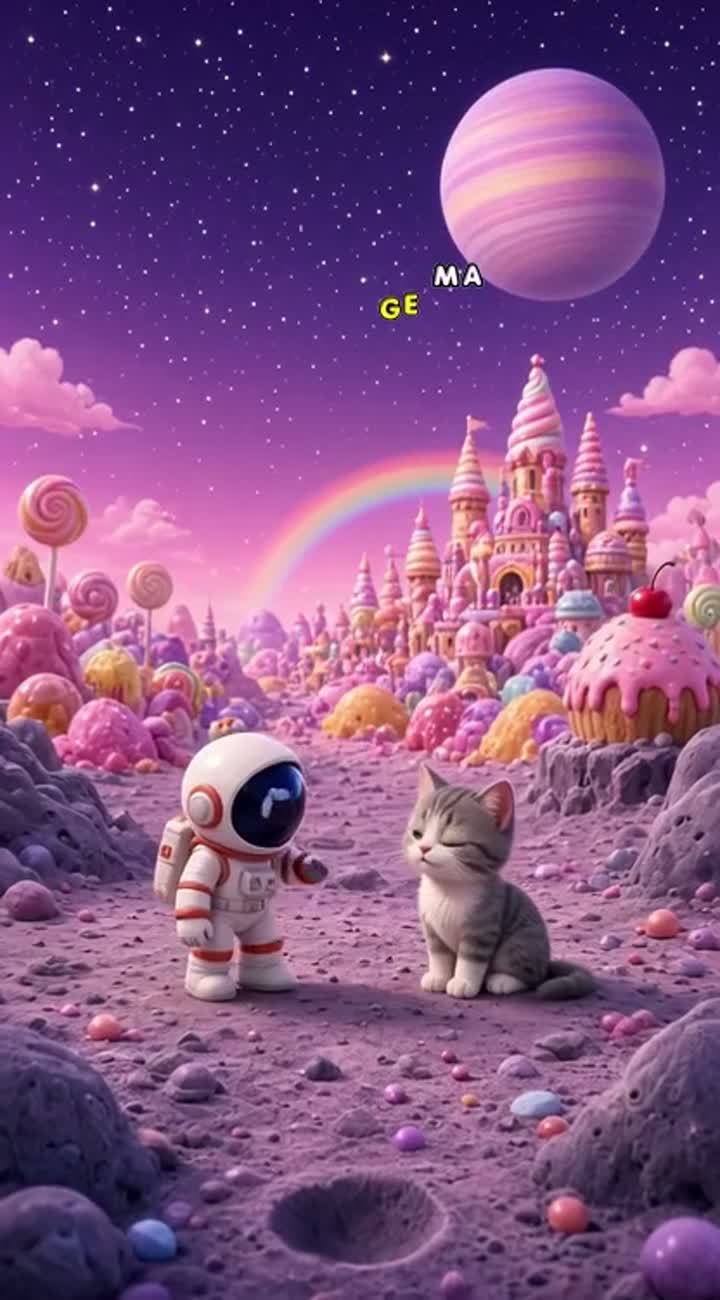 A tiny astornaut find a cat and a candy world Animated cartoon… — AI cartoon