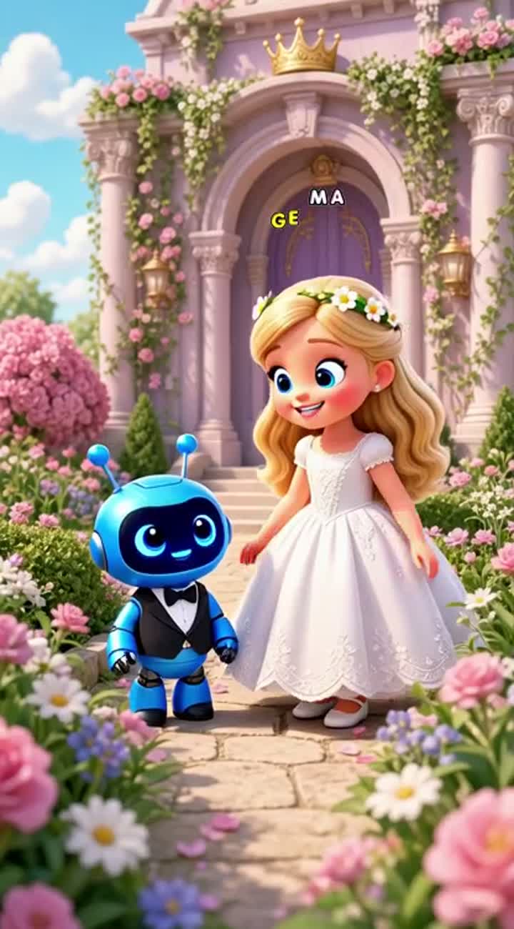 Girl Nazerke in white wedding dress, small blue robot Zero in tiny… — AI cartoon