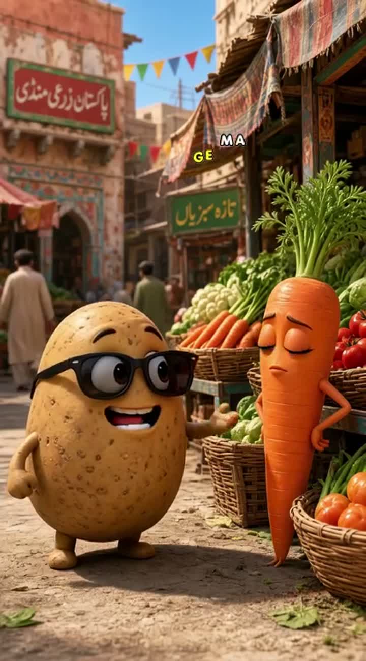 A cute, chubby potato wearing sunglasses meets a beautiful orange… — AI cartoon