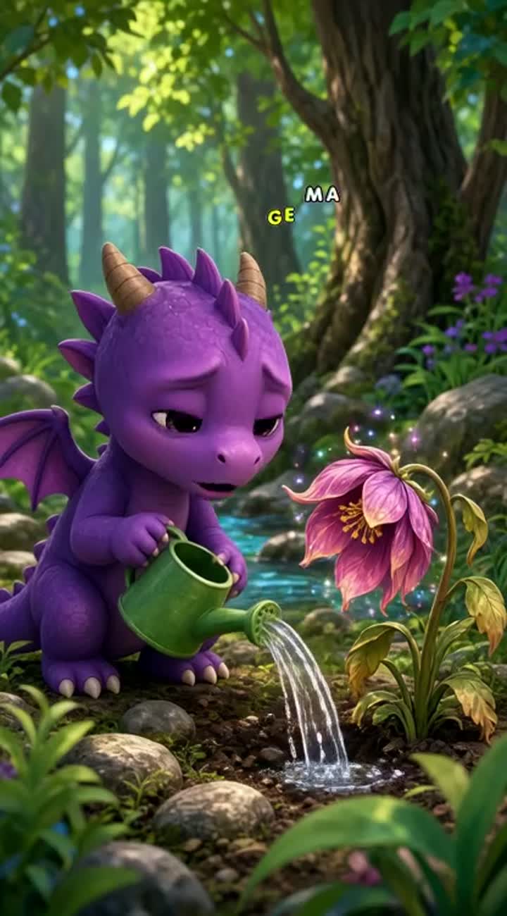Scene 2: A little dragon notices a wilting magical flower — AI cartoon