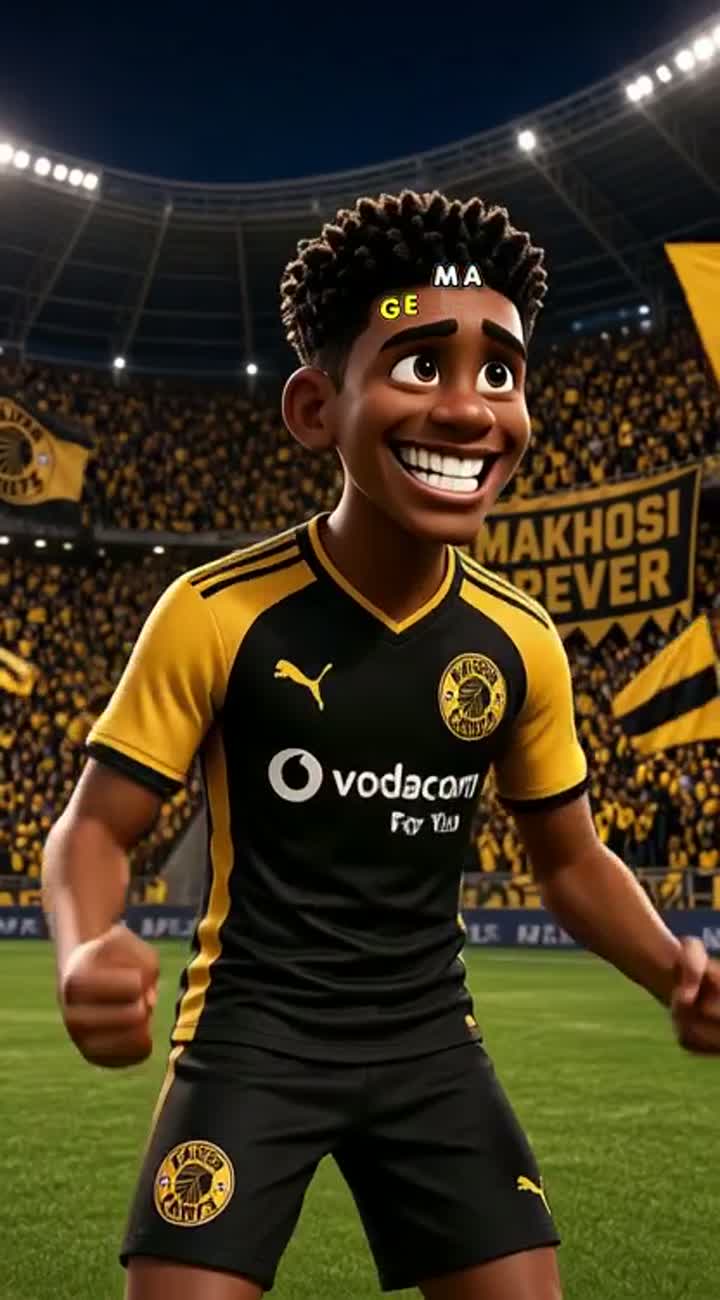 Funny 3D cartoon of a Kaizer Chiefs player wearing the famous gold… — AI cartoon