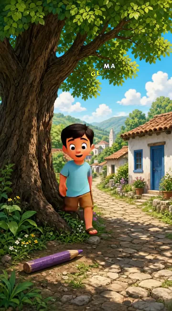 In a small village, a boy named Yassin lives and loves drawing… — AI cartoon