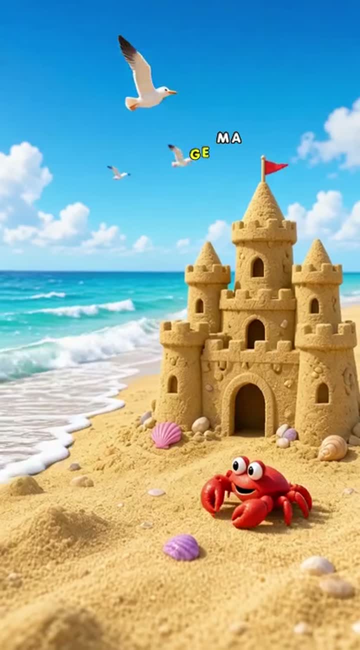 Colorful 3D cartoon animation of a beautiful sandcastle on a sunny… — AI cartoon