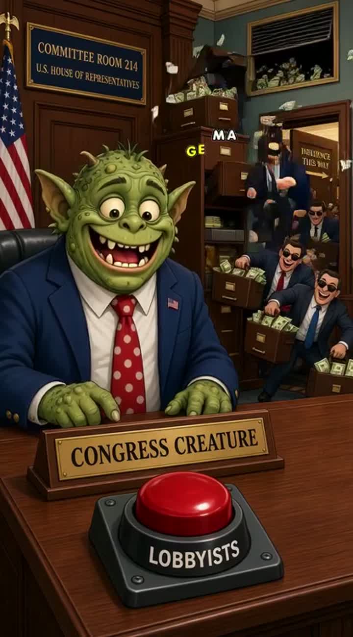 A foolish, monster-like Congressman called the Congress Creature… — AI cartoon