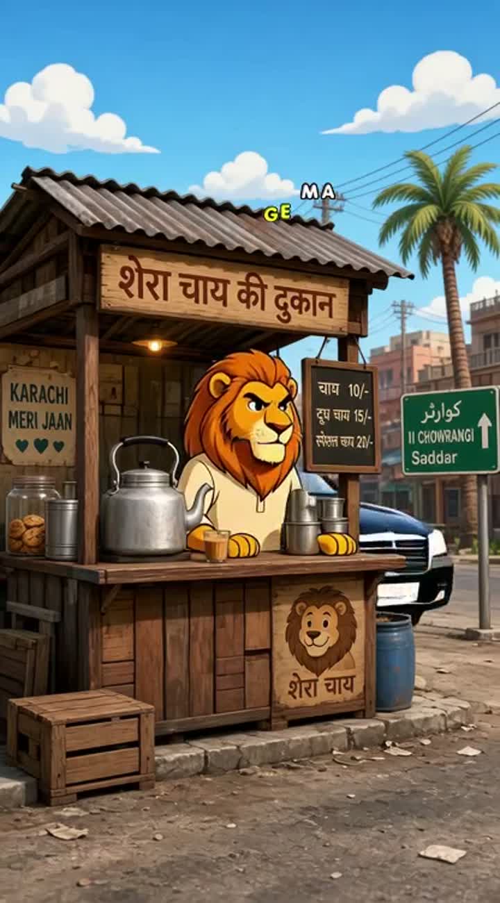 Ek din Karachi mein Shera naam ka gareeb sher ek chai ki dukaan… — AI cartoon