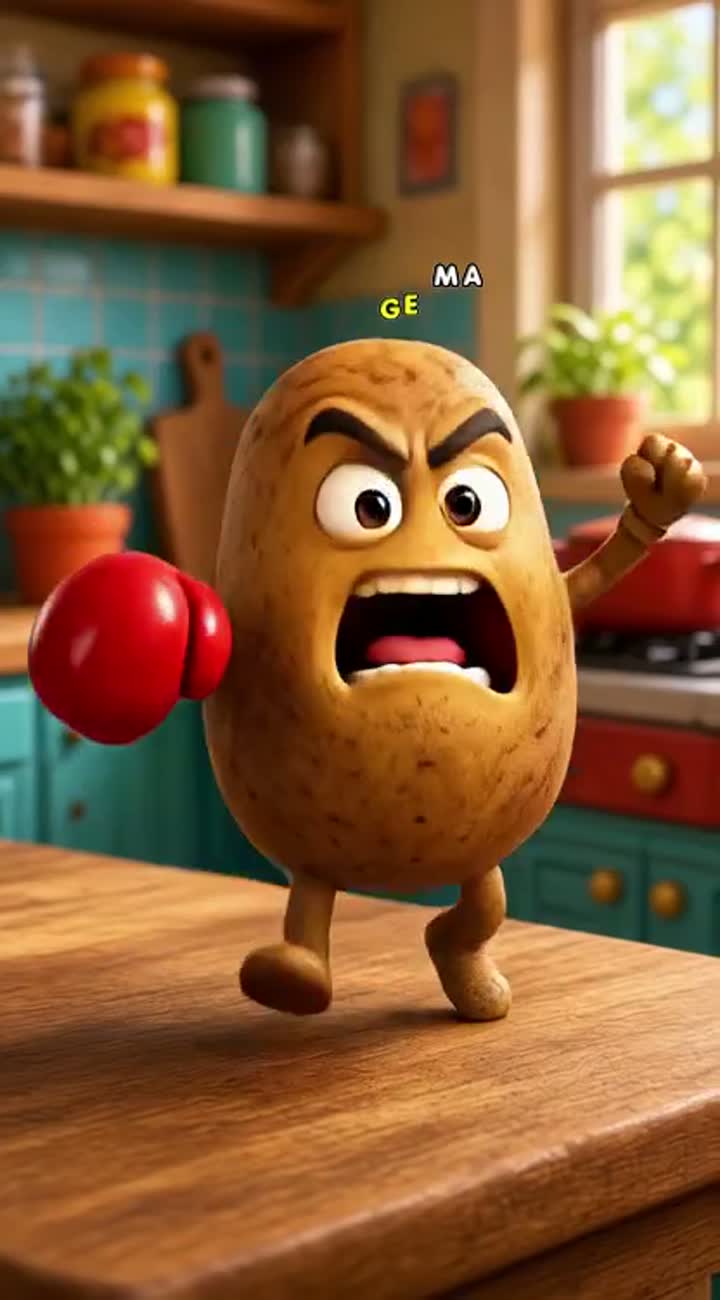 High-quality, funny 3D cartoon video of an angry potato character… — AI cartoon