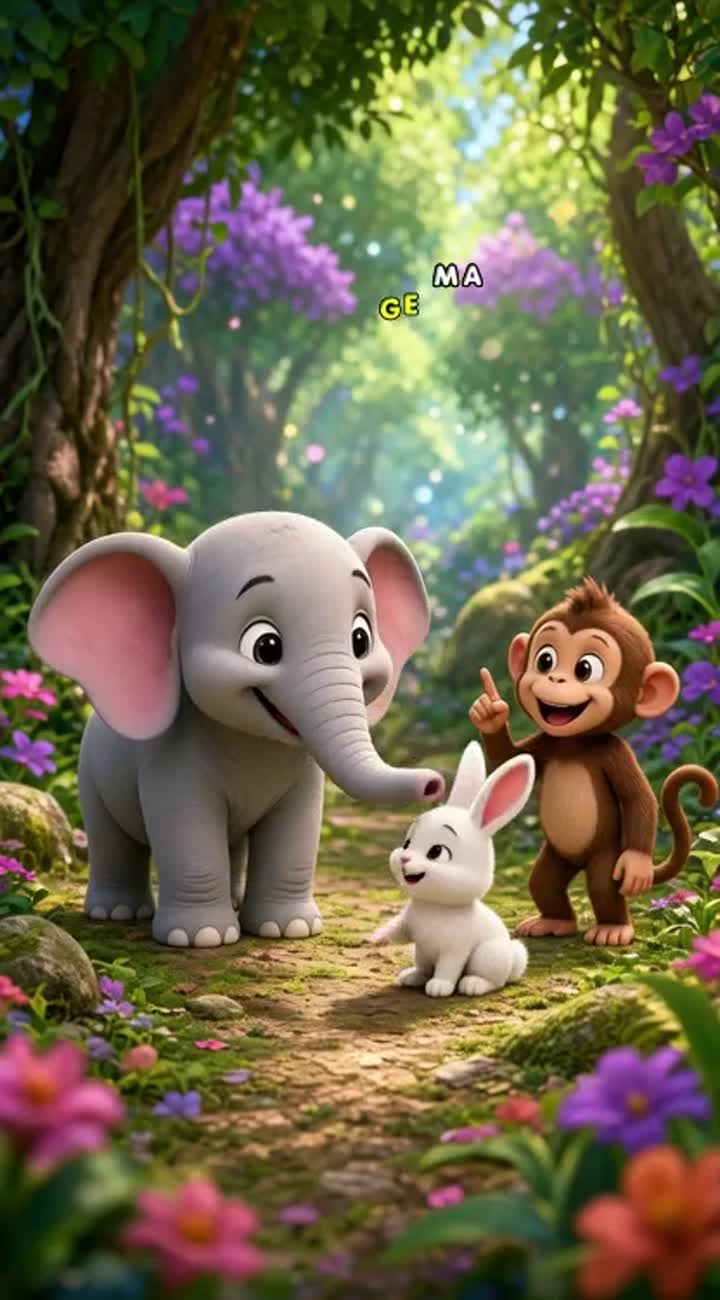 A cute baby elephant helps a little rabbit in a colorful magical… — AI cartoon