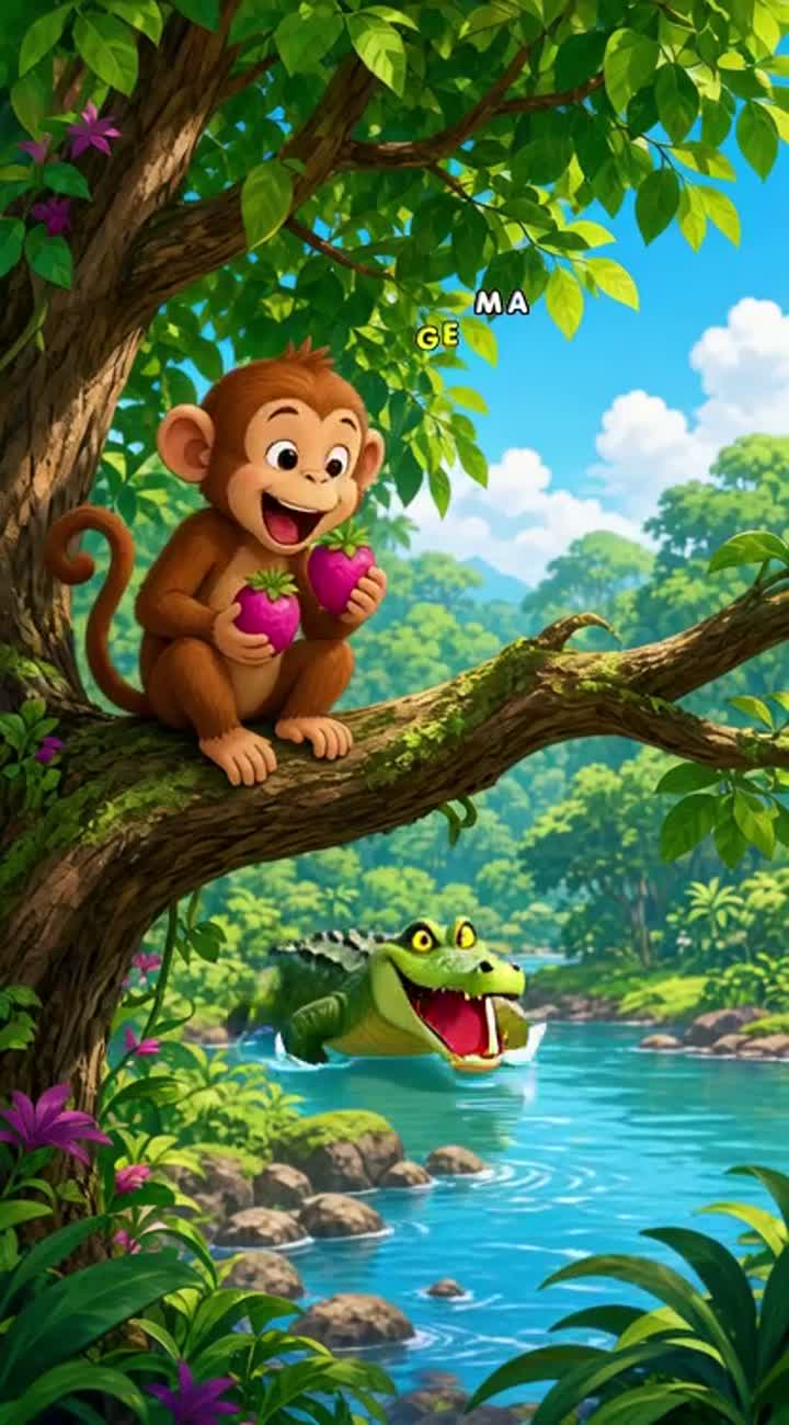 A clever monkey sits in a tree beside a river… — AI cartoon