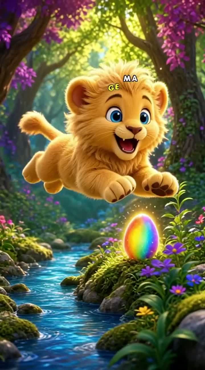 A cute golden baby lion named Lumo with big blue eyes and fluffy… — AI cartoon