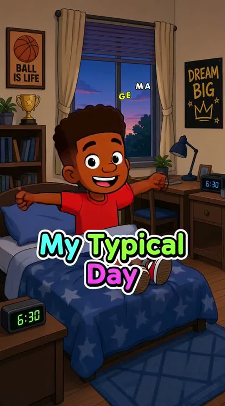 16:9 2D cartoon animation titled My Typical Day — AI cartoon