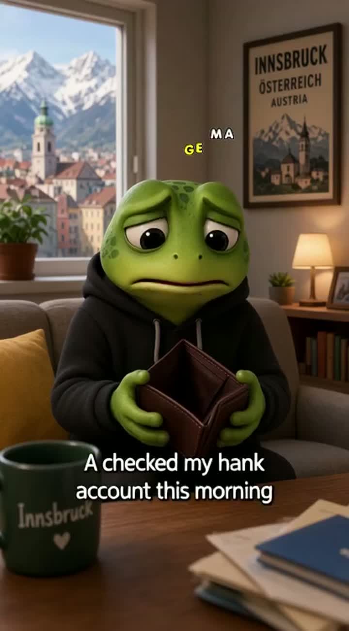 The frog sits in a small apartment in Innsbruck, Austria… — AI cartoon