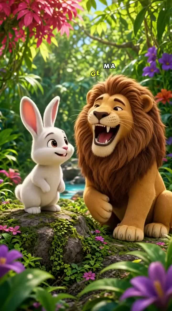 A cute little white rabbit and a friendly lion in a colorful 3D… — AI cartoon