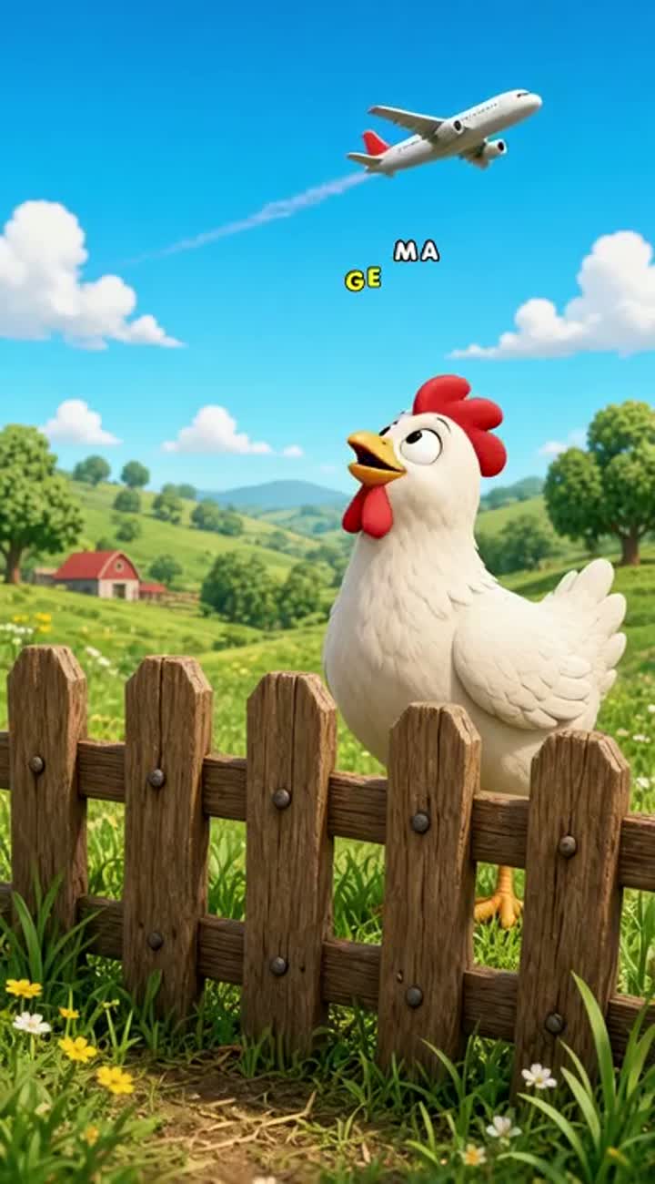 A chicken saw an airplane and said, "I want to fly too! — AI cartoon