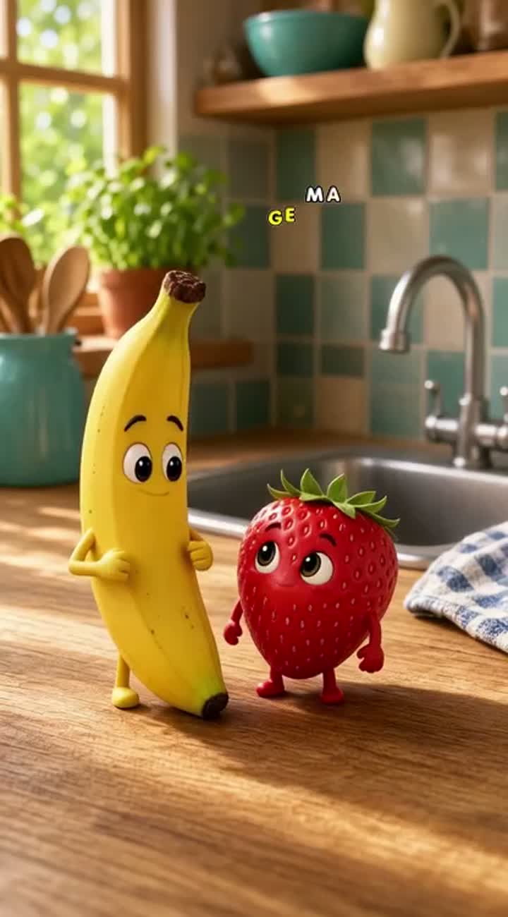 A cute yellow banana and a little red strawberry come to life… — AI cartoon