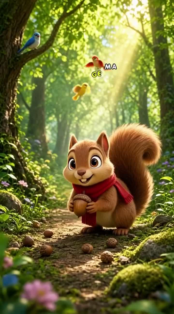 A cute 3D animated brown squirrel with a fluffy tail and red scarf… — AI cartoon