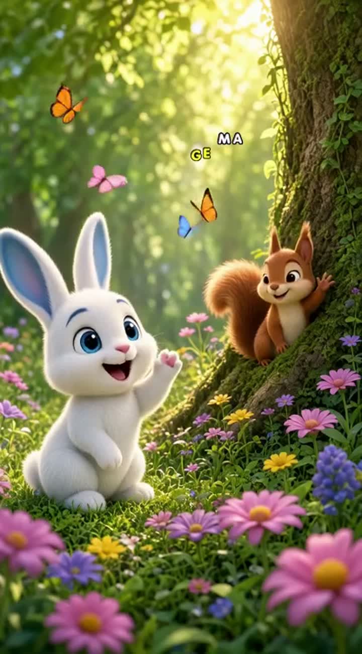 A cute little white bunny named Bunny with big blue eyes meets… — AI cartoon