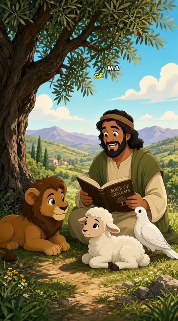 A cartoon about a lion, a lamb and a white dove that sit… — AI cartoon