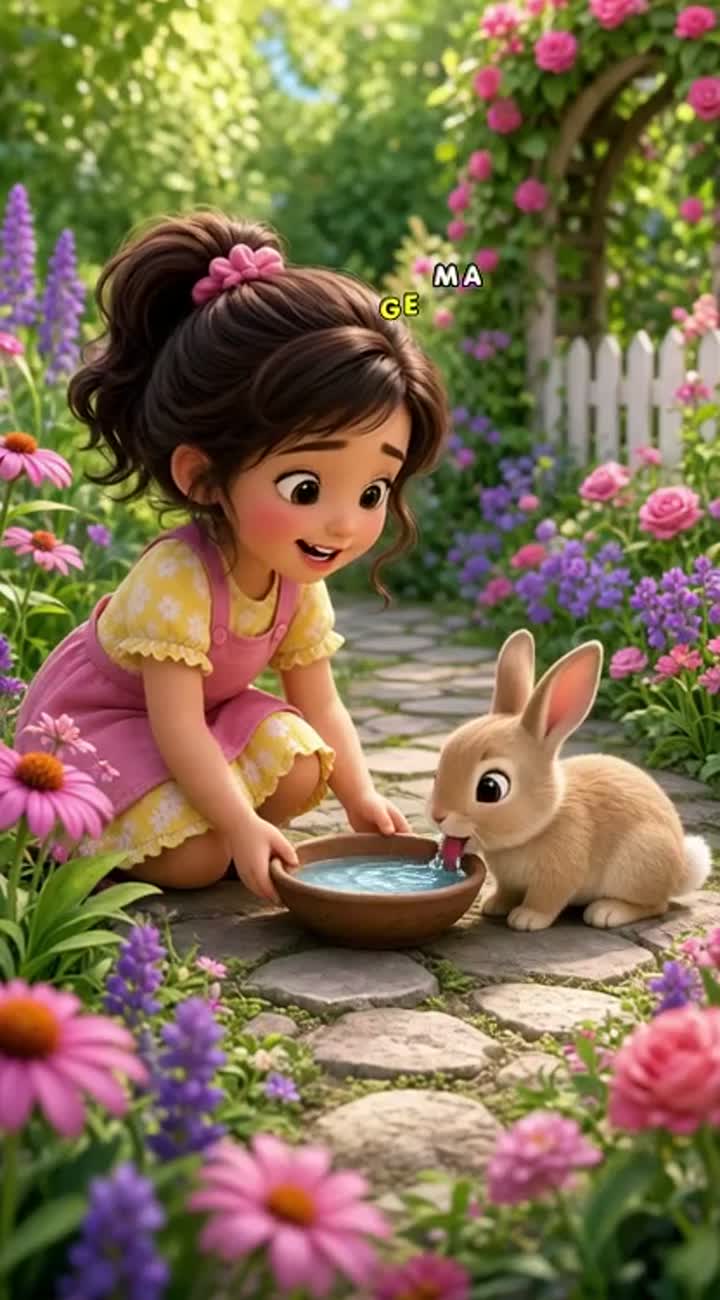A cute little girl helping a thirsty baby rabbit in a beautiful… — AI cartoon