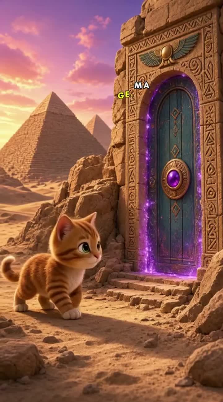 Curious little cat discovers a magical door beneath the Egyptian… — AI cartoon