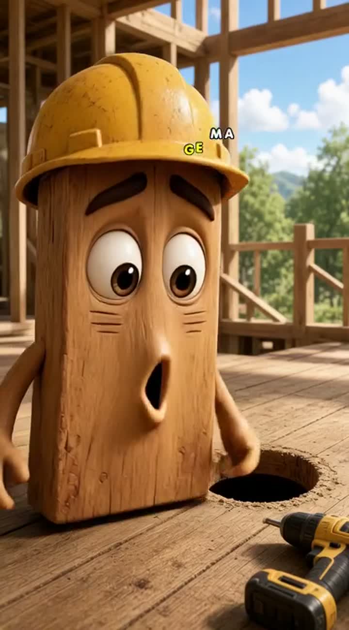 A living wooden plank wearing a construction helmet tries to build… — AI cartoon