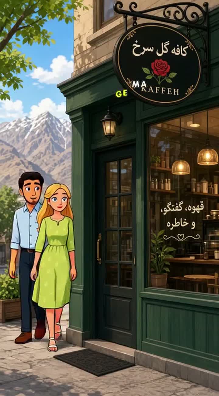 A young Afghan man and a young German woman go to a coffee shop — AI cartoon