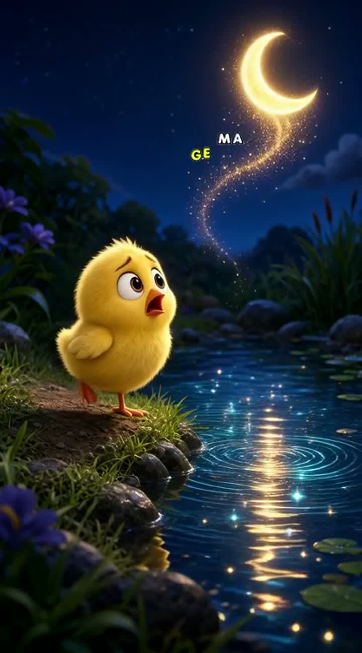 A cute fluffy yellow baby chick sees a glowing magical moon… — AI cartoon
