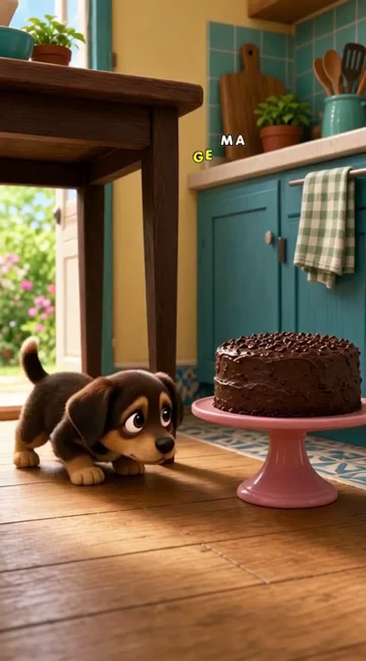 A cute little puppy sneaks into a kitchen to steal a chocolate cake — AI cartoon