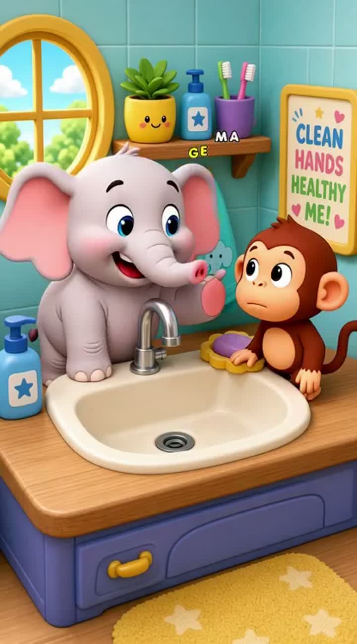 A funny and cute baby elephant teaches a silly monkey why washing… — AI cartoon