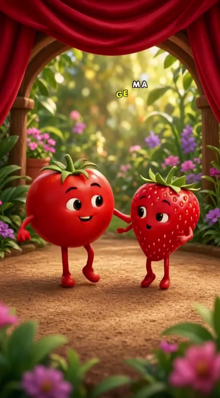 A tomato named chewvizhi and strawberry named dharshana dancing… — AI cartoon