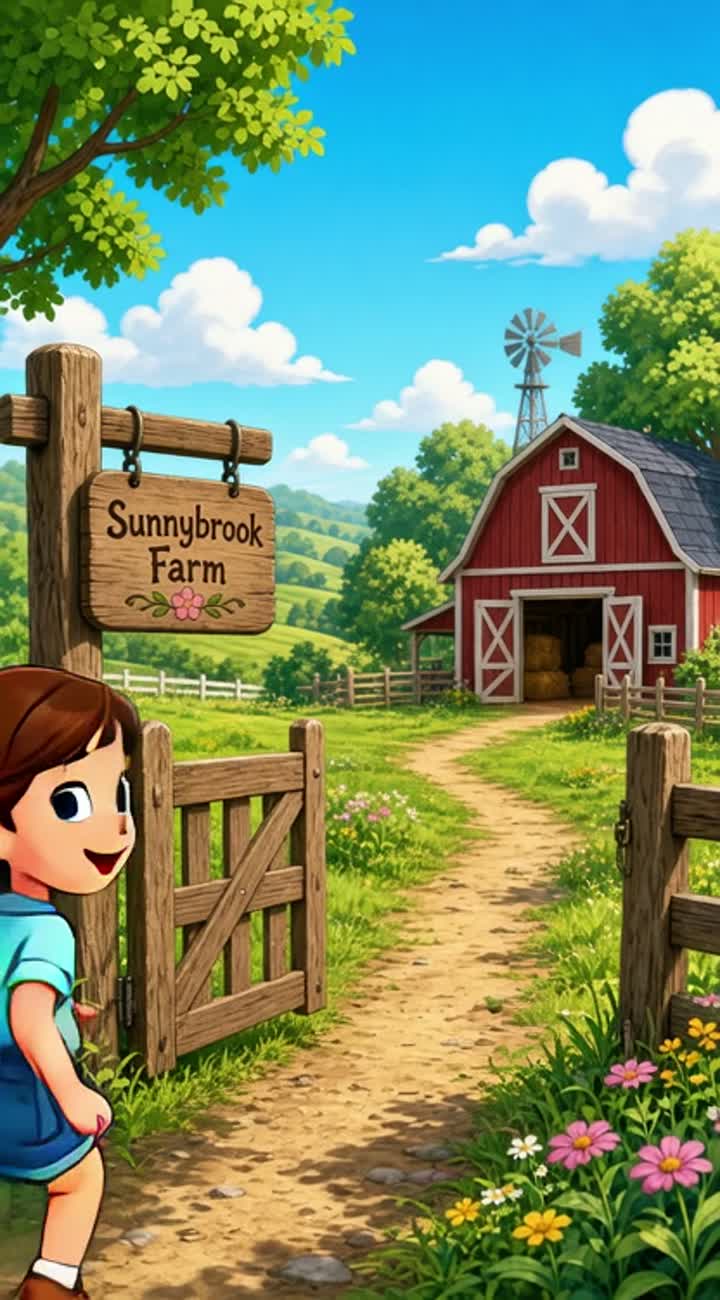 A young girl who stays at a farm and interact with animals… — AI cartoon