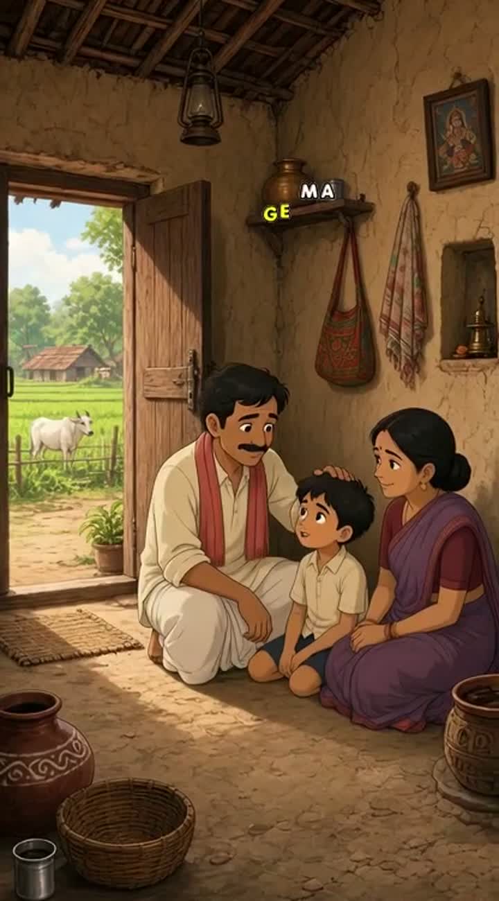 Ramu, a poor but hardworking farmer, lives in a modest village… — AI cartoon