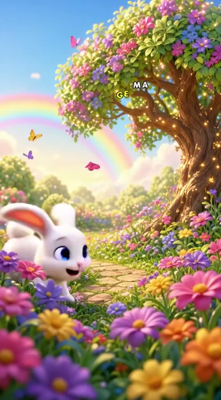 A cute little rabbit and a friendly baby bear meet in a magical… — AI cartoon