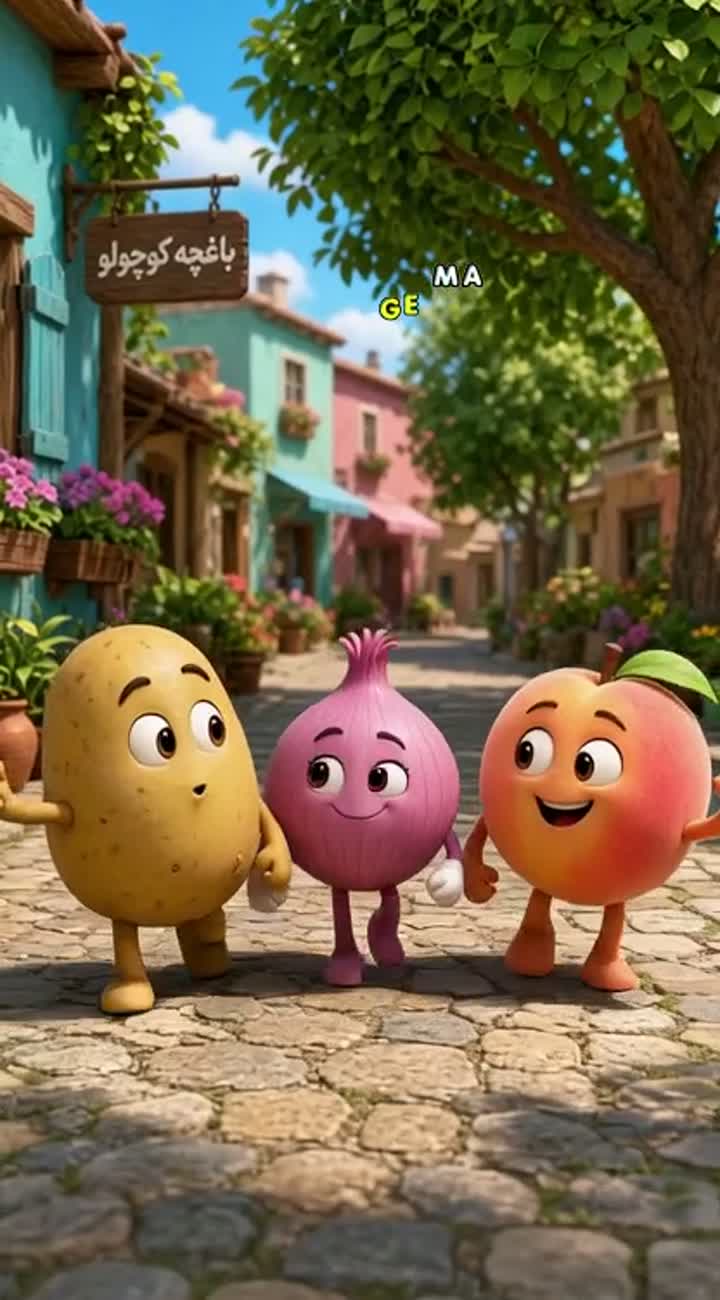 Potato (Kachalu), Onion (Piyaz), and Peach (Hulu) are living… — AI cartoon