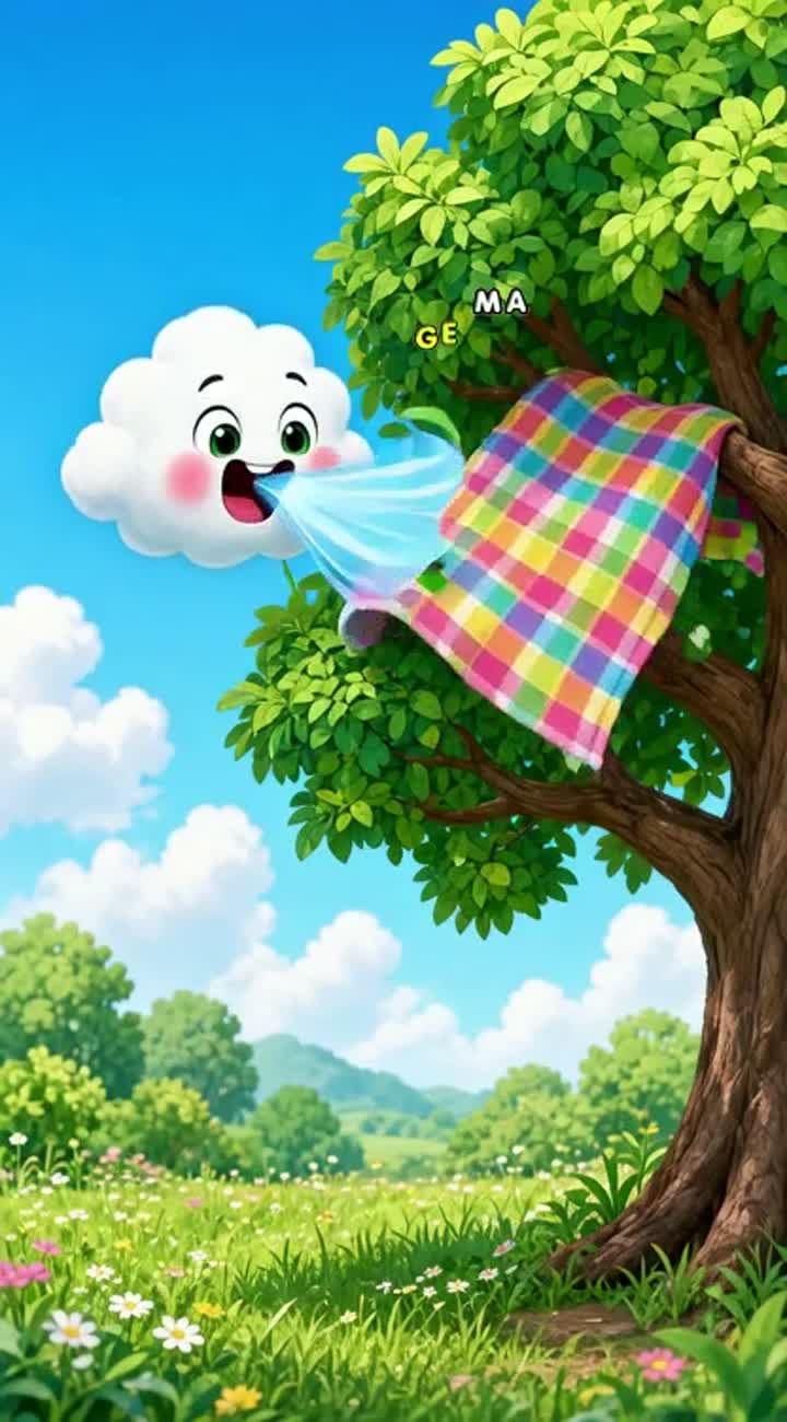 A cute, fluffy white cloud named Pudd with big green eyes tries… — AI cartoon