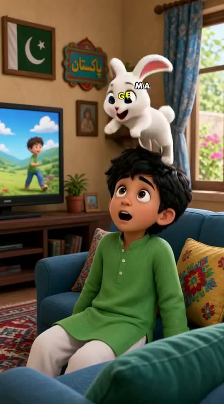 Ali is an 8-year-old Pakistani boy wearing a green shalwar kameez — AI cartoon