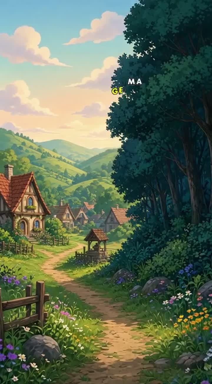 In a peaceful village surrounded by green hills… — AI cartoon