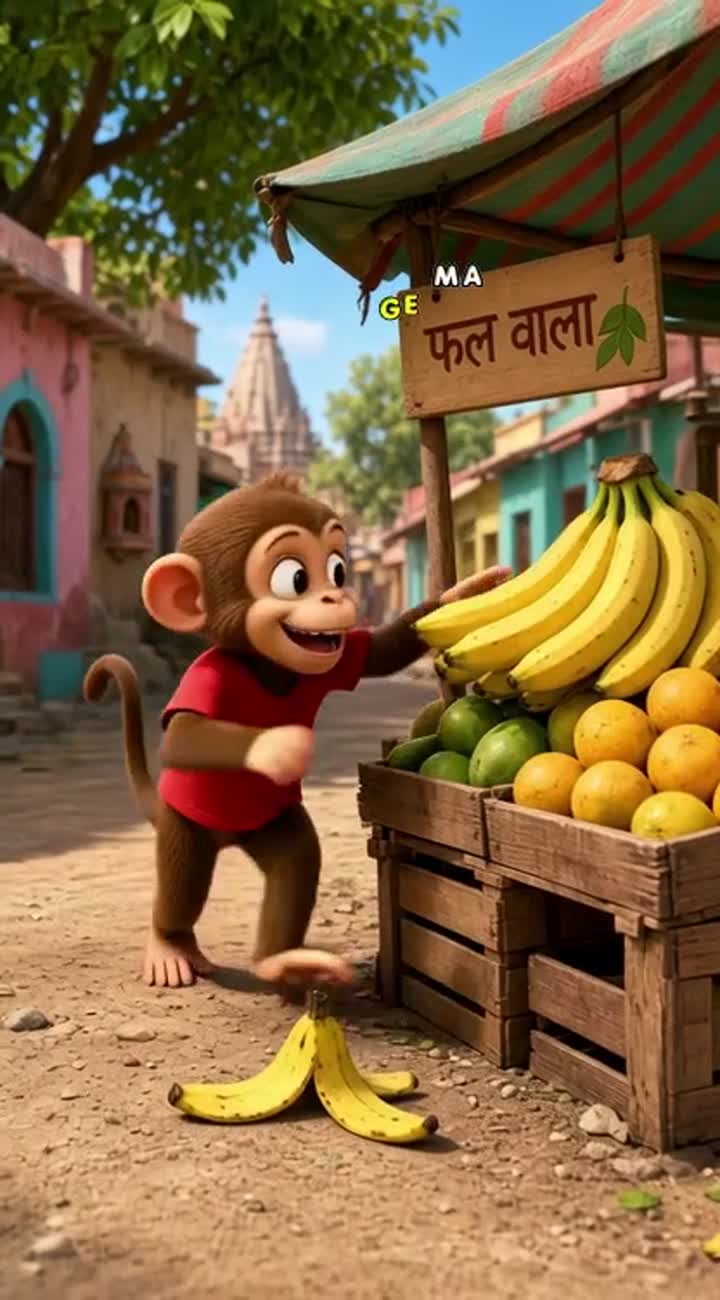 A funny cute 3D cartoon monkey wearing a red shirt in an Indian… — AI cartoon