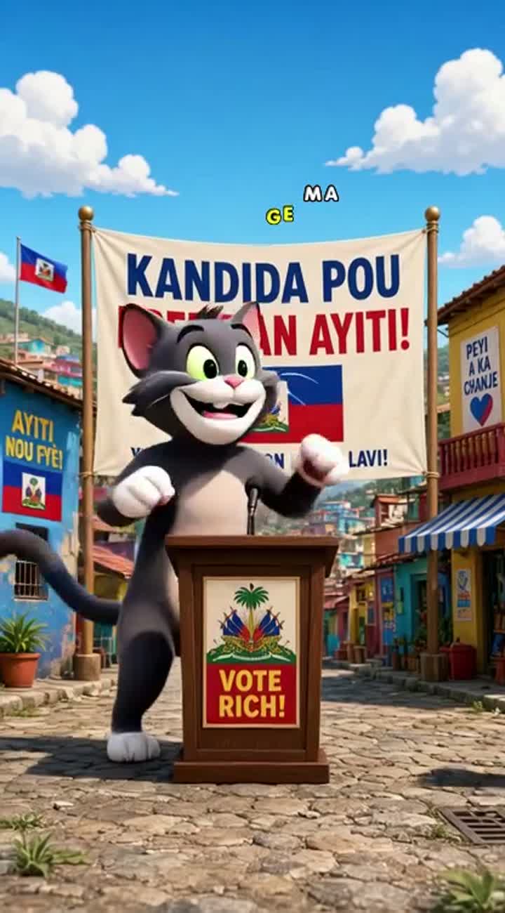 Yon desen anime komik an 3D kote Tom ak Jerry ap poze kandidati… — AI cartoon