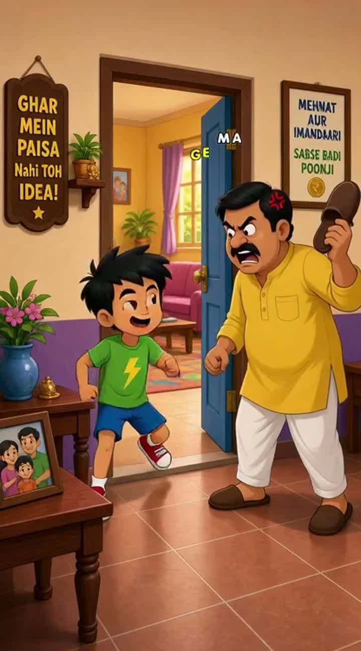A funny Indian cartoon boy named Pappu tells his father he will… — AI cartoon