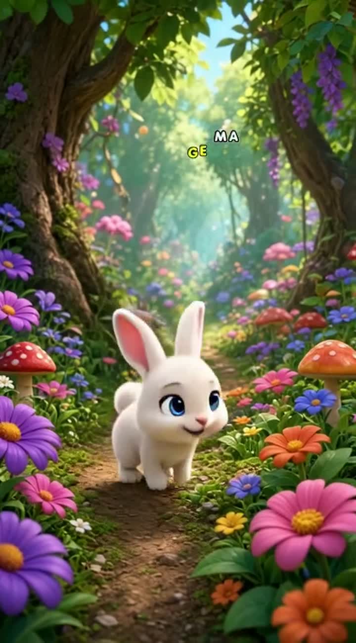 A cute little rabbit discovers a magical forest full of colorful… — AI cartoon