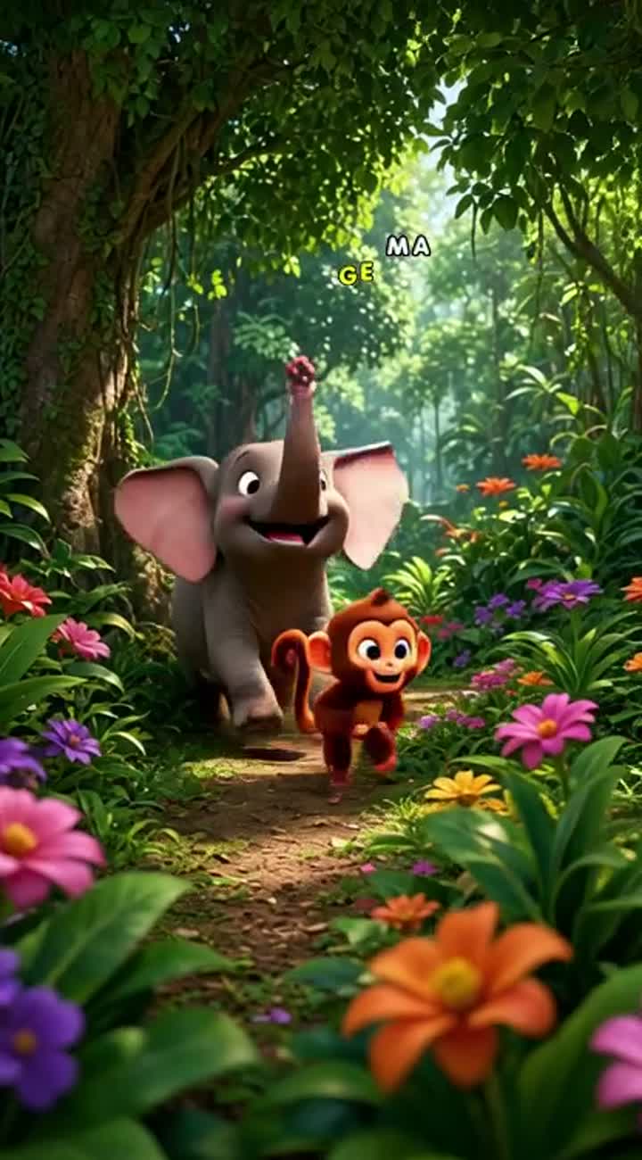 A cute baby elephant and a little monkey playing together… — AI cartoon