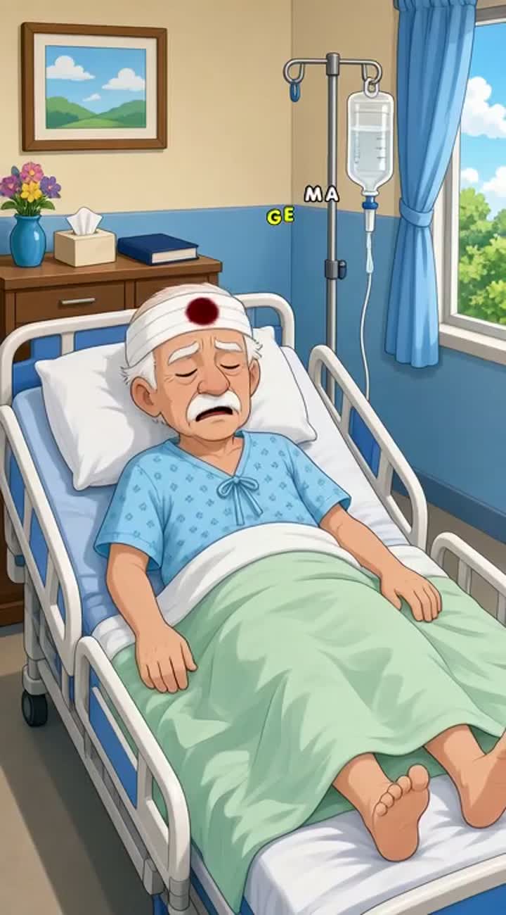 A cartoon showing older man in a hospital with his head bandaged — AI cartoon