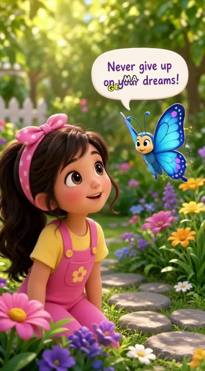 A cute 3D animated girl named Sara meets a beautiful blue… — AI cartoon