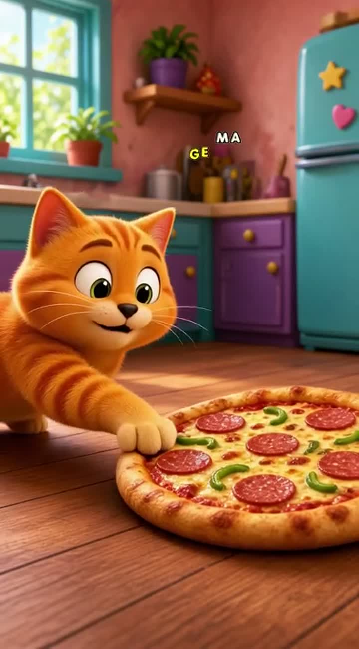 A funny cute orange cat sees a giant pizza, tries to grab it… — AI cartoon