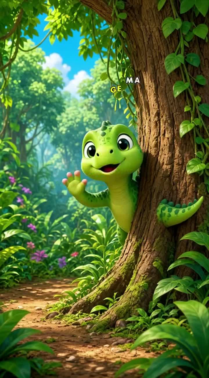 A tiny green baby dinosaur is playing hide-and-seek… — AI cartoon
